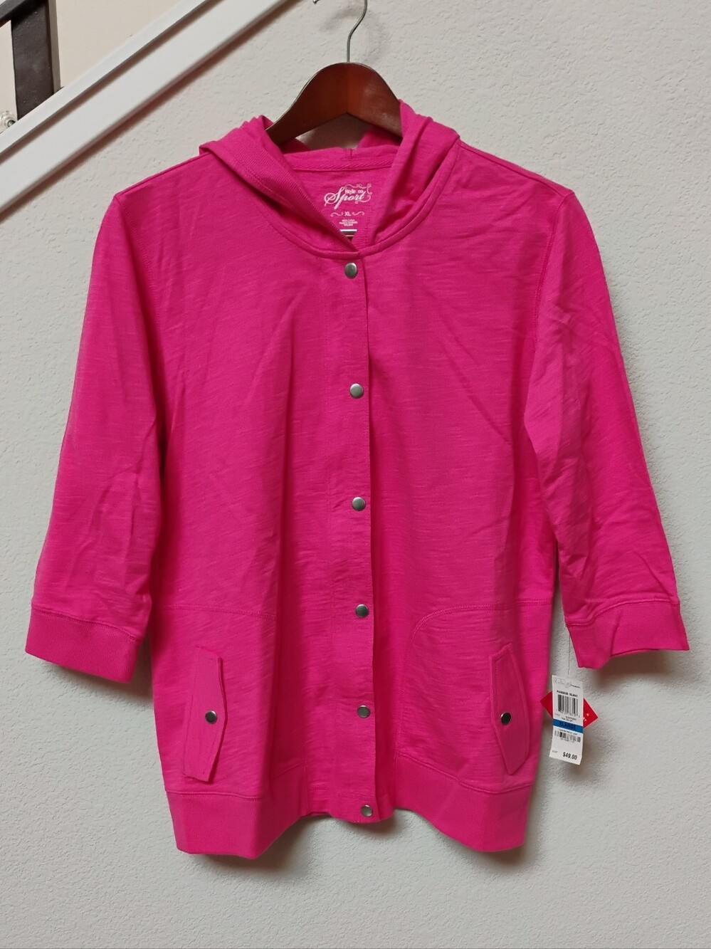 Style & Co Sport Bright Pink 3/4 Active Hoodie  Zip & Snap-Front Jacket